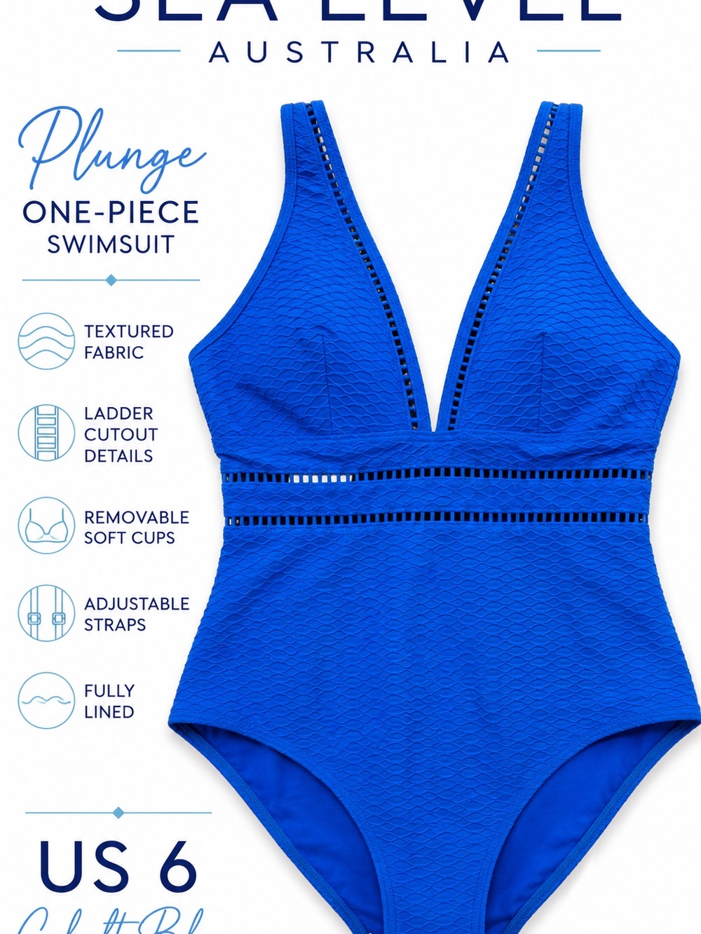 Sea Level Swim Australia Plunge One-Piece Textured Swimsuit - Cobalt Blue US 6